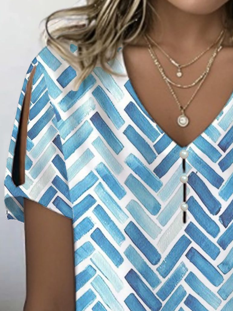 Damen Geometrisch Kurzarm T-Shirts T-Shirt V-Ausschnitt Print Lässig Sommer T-Shirt mit Grafik Oberteile