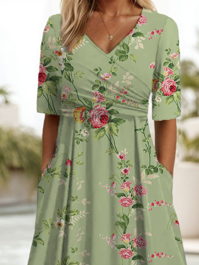 Damen Geblümt Kurzarm Sommer Print Kleid V-Ausschnitt Täglich Lässig Maxikleid A-Linien-Kleid