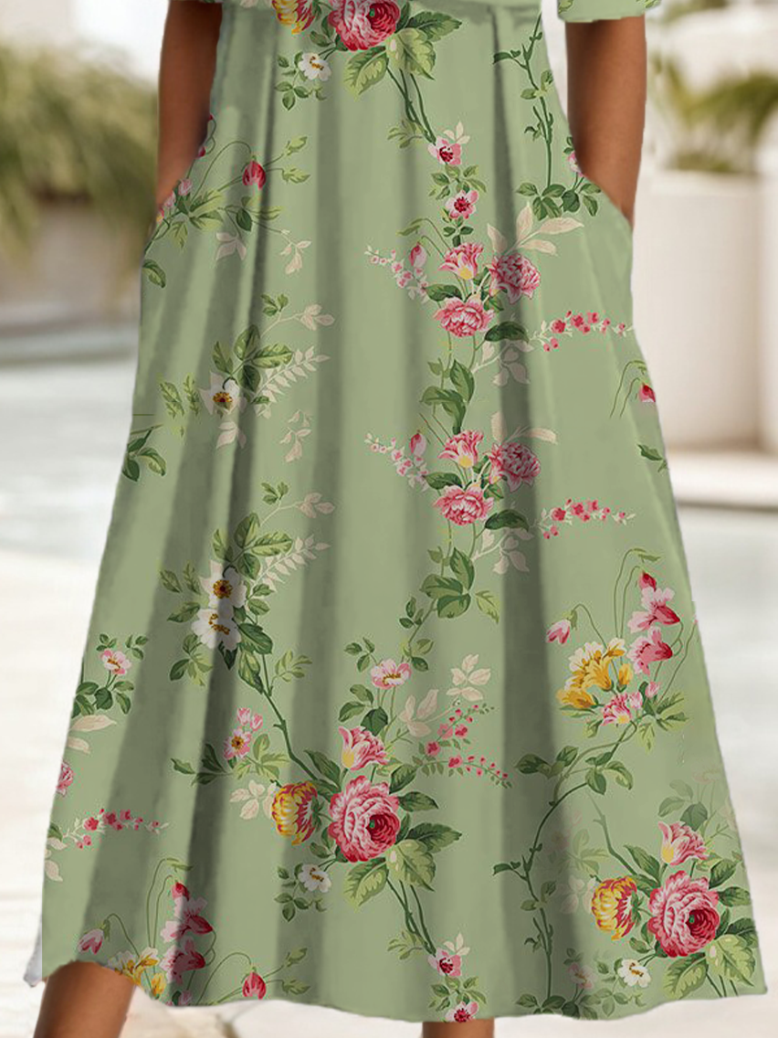 Damen Geblümt Kurzarm Sommer Print Kleid V-Ausschnitt Täglich Lässig Maxikleid A-Linien-Kleid