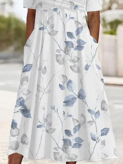Damen Geblümt Kurzarm Sommer Print Kleid V-Ausschnitt Täglich Lässig Maxikleid A-Linien-Kleid