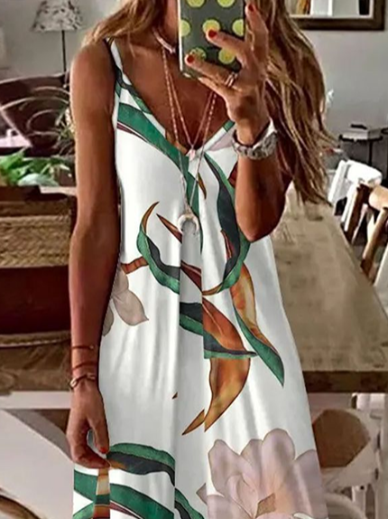 Damen Geblümt Ärmellos Sommer Print Kleid V-Ausschnitt Täglich Lässig Maxikleid Unterhose Kleid X-Linie Kleid