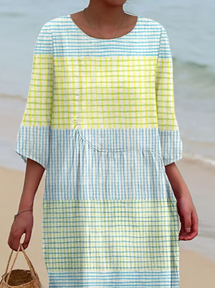 Damen Gestreift Halbarm Sommer Print Kleid Rundhals Täglich Lässig Maxikleid H-Linie Kleid