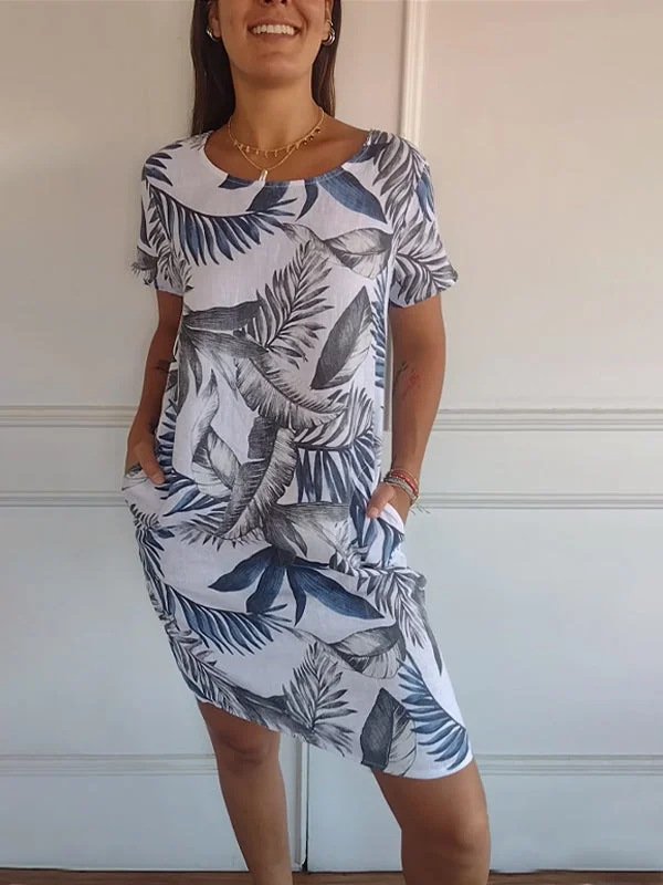 Damen Blätter Ärmellos Sommer Taschennähen Kleid Rundhals Täglich Lässig Mini Passen & Flare Kleid A-Linien-Kleid