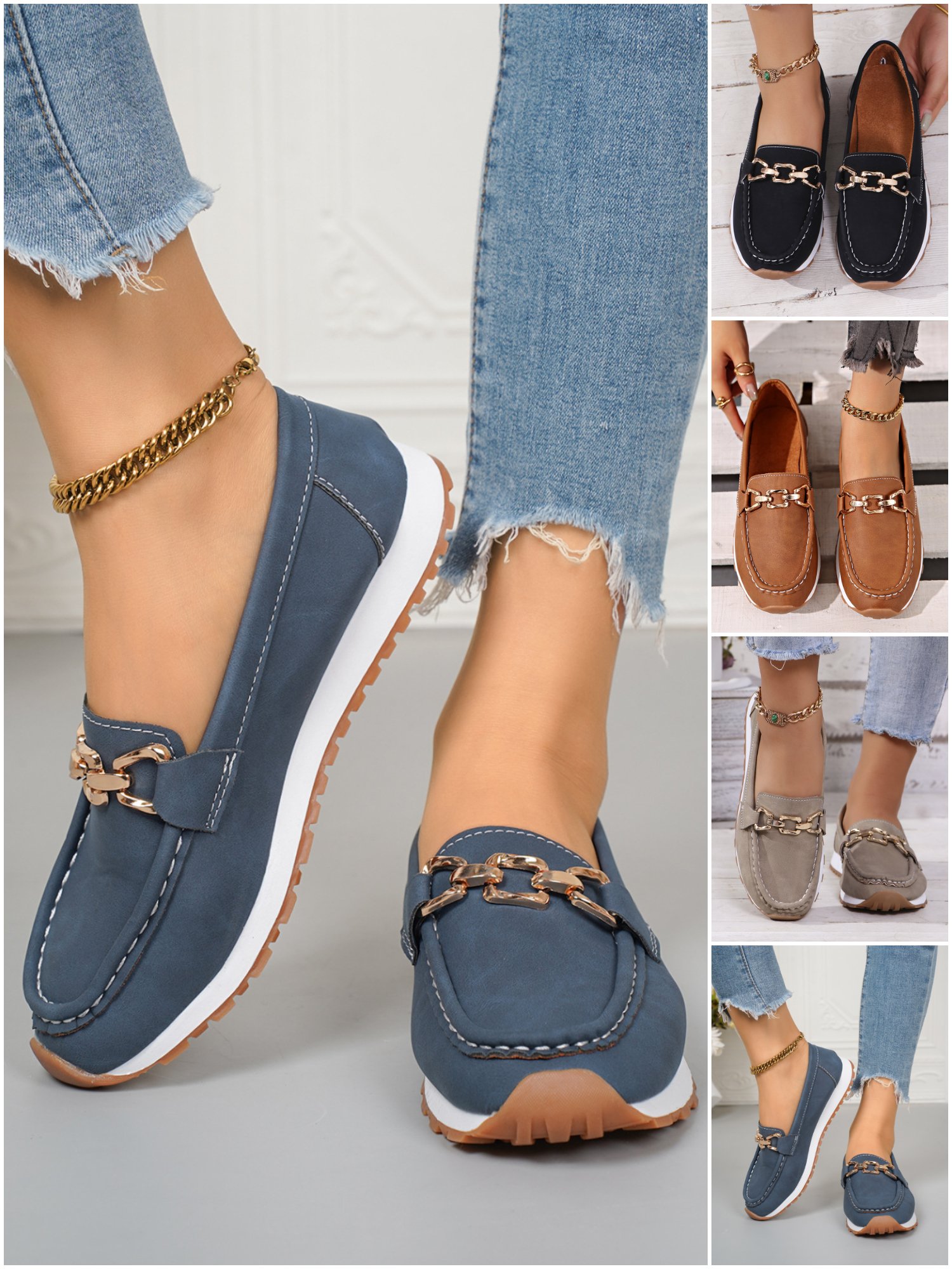 Damen Neuer Stil Metallkette Flach Dick Sohle Lässig Halbschuhe Flach Schuhe