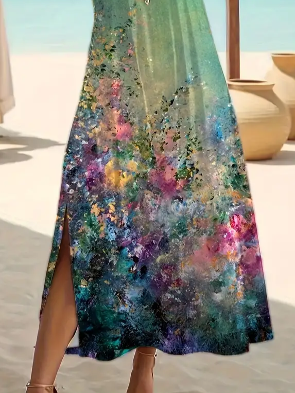 Damen Geblümt Kurzarm Sommer Print Kleid Rundhals Täglich Lässig Maxikleid Passen & Flare Kleid A-Linien-Kleid