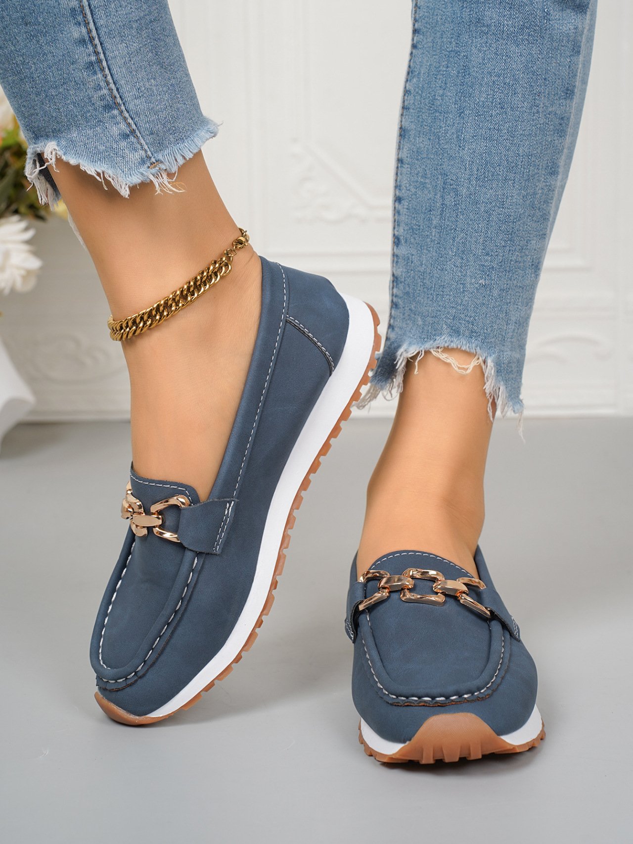 Damen Neuer Stil Metallkette Flach Dick Sohle Lässig Halbschuhe Flach Schuhe