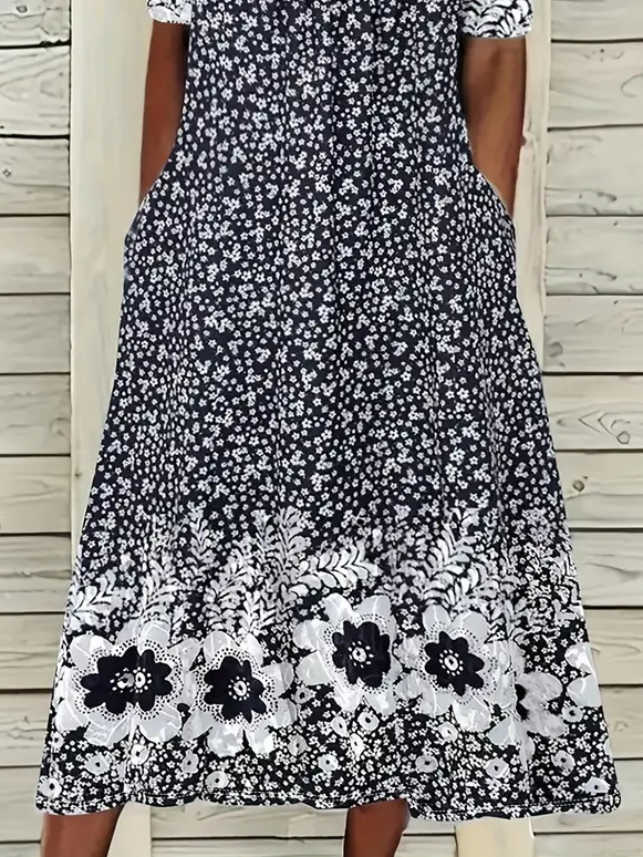 Damen Geblümt Kurzarm Sommer Print Kleid Rundhals Täglich Lässig Maxikleid Etuikleid H-Linie Kleid