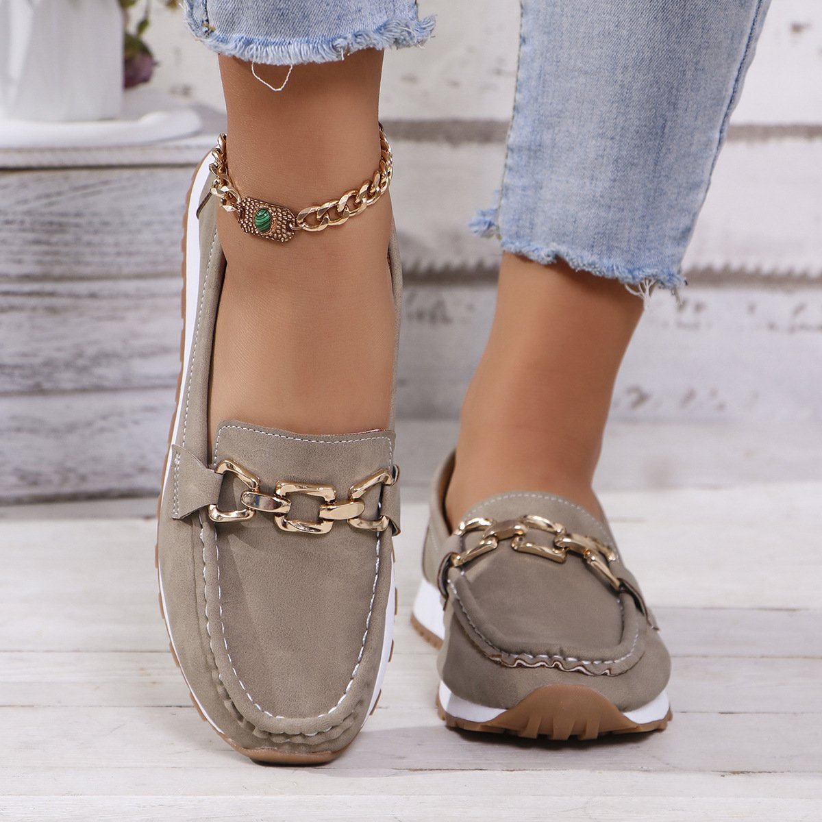 Damen Neuer Stil Metallkette Flach Dick Sohle Lässig Halbschuhe Flach Schuhe