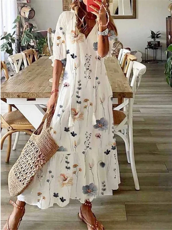 Damen Geometrisch Halbarm Sommer Kleid V-Ausschnitt Täglich Lässig Maxikleid Blusenkleid A-Linien-Kleid