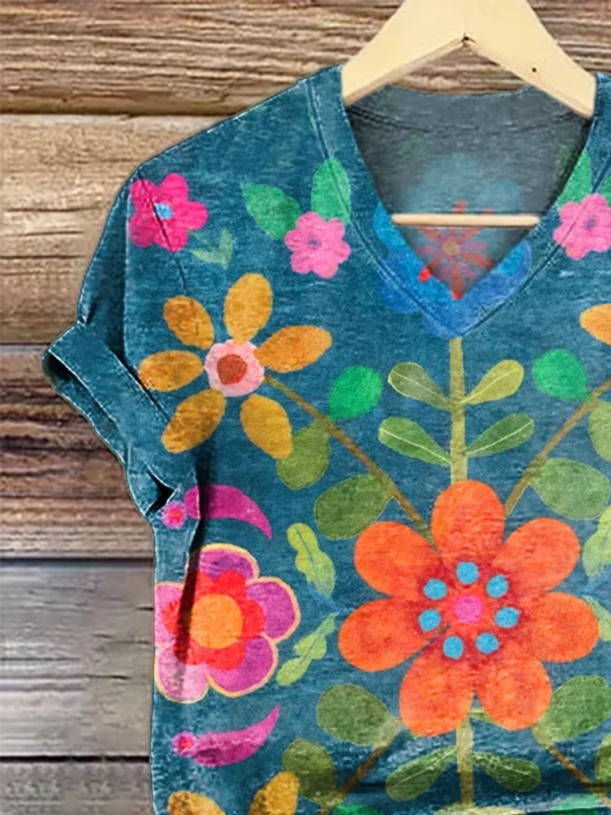 Damen Geblümt Kurzarm T-Shirts T-Shirt V-Ausschnitt Lässig Sommer Oberteile