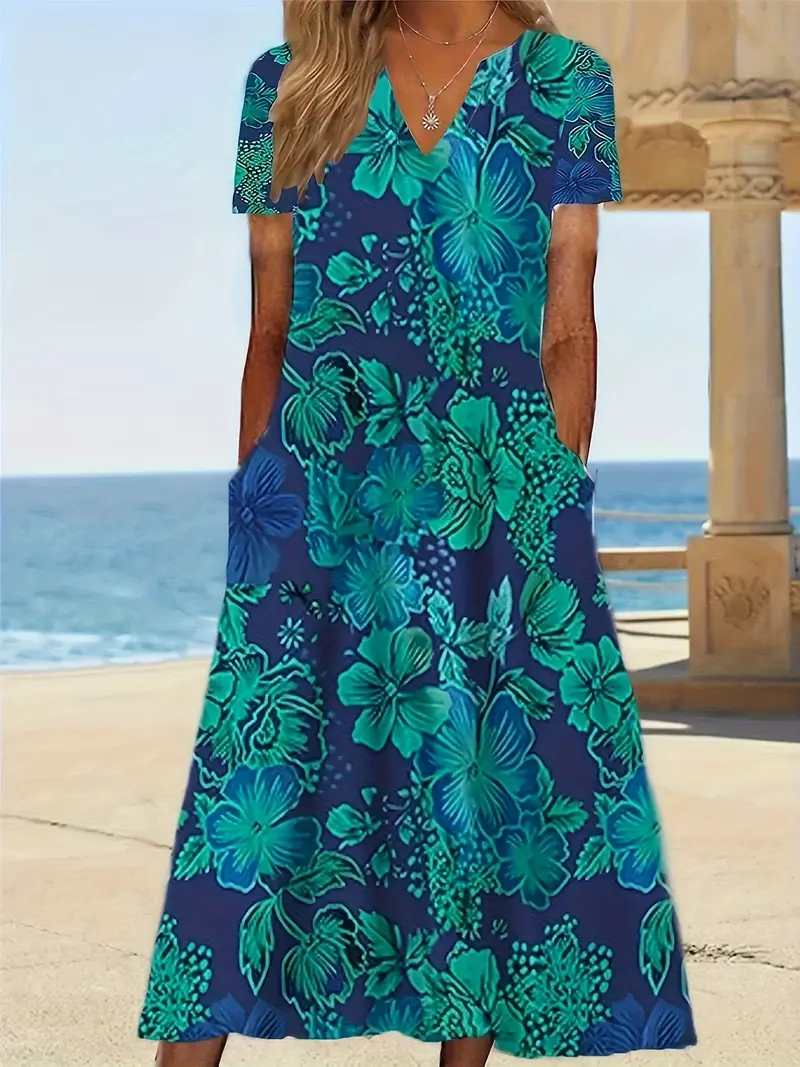 Damen Geblümt Kurzarm Sommer Print Kleid V-Ausschnitt Täglich Lässig Maxikleid Passen & Flare Kleid H-Linie Kleid