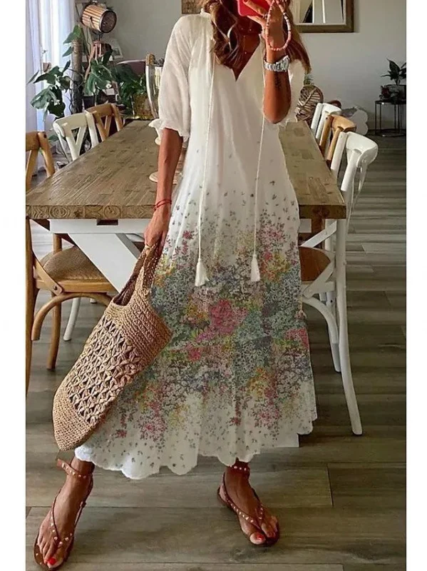 Damen Geometrisch Halbarm Sommer Kleid V-Ausschnitt Täglich Lässig Maxikleid Blusenkleid A-Linien-Kleid