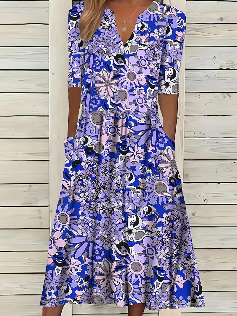Damen Geblümt Kurzarm Sommer Print Kleid V-Ausschnitt Täglich Lässig Maxikleid Passen & Flare Kleid H-Linie Kleid