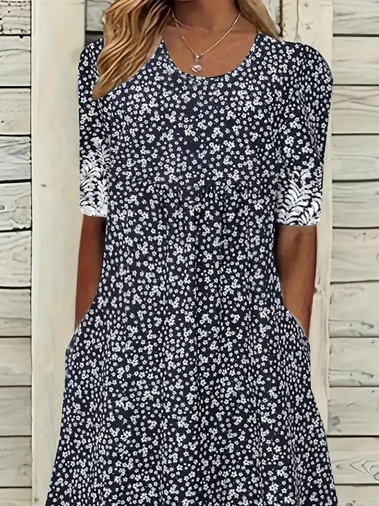 Damen Geblümt Kurzarm Sommer Print Kleid Rundhals Täglich Lässig Maxikleid Etuikleid H-Linie Kleid