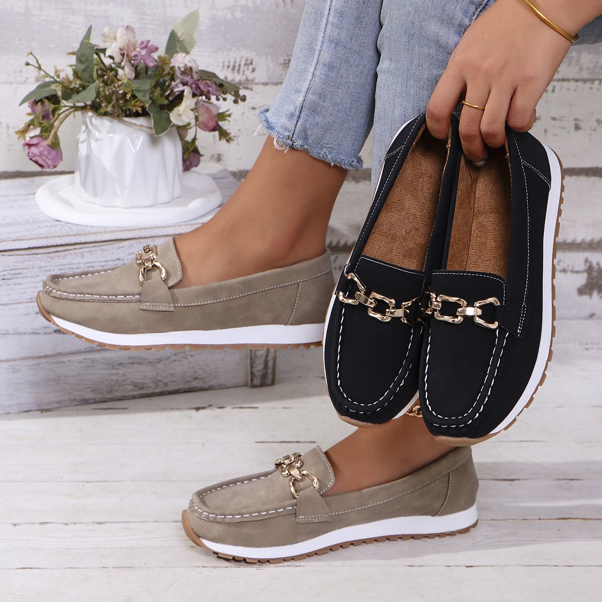 Damen Neuer Stil Metallkette Flach Dick Sohle Lässig Halbschuhe Flach Schuhe