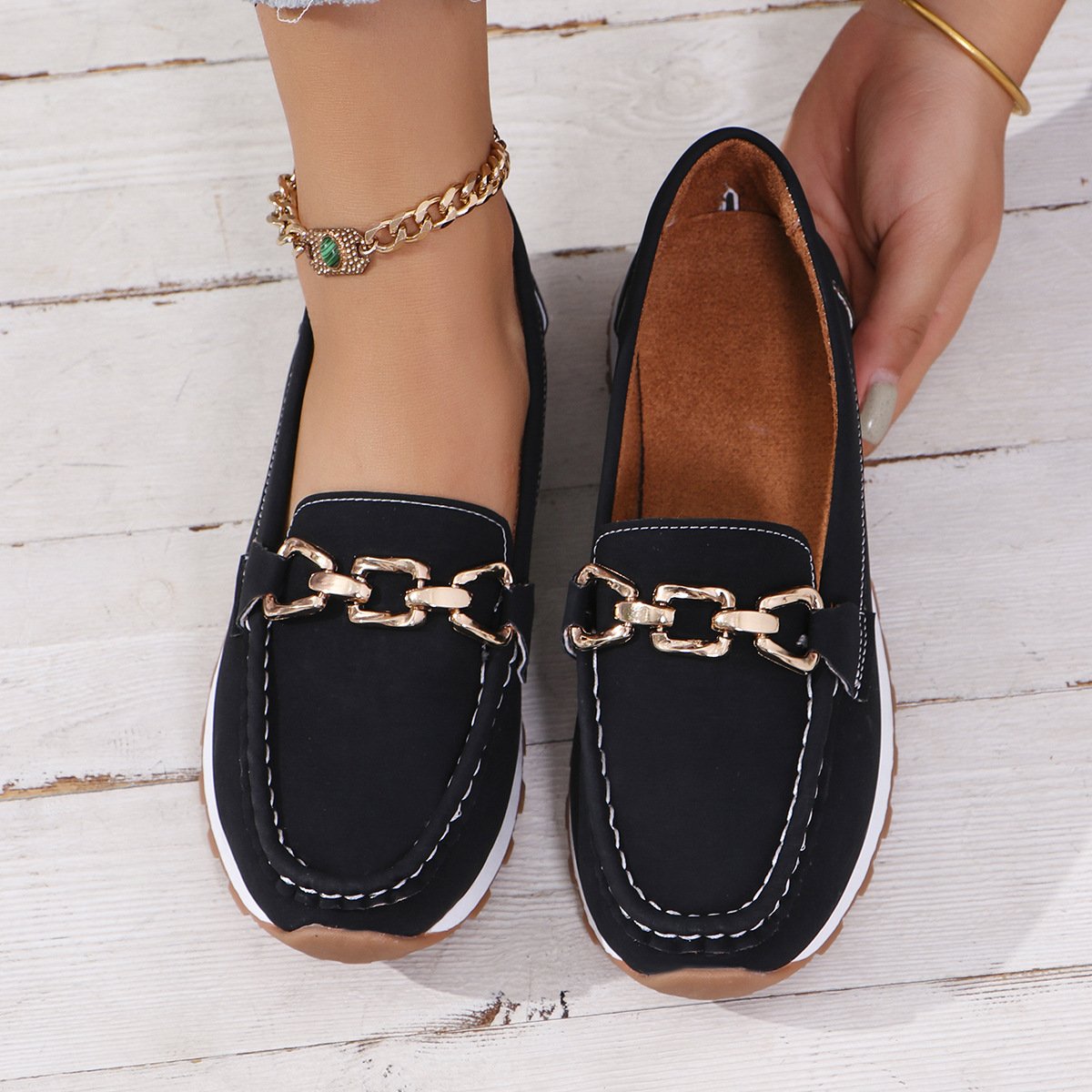 Damen Neuer Stil Metallkette Flach Dick Sohle Lässig Halbschuhe Flach Schuhe