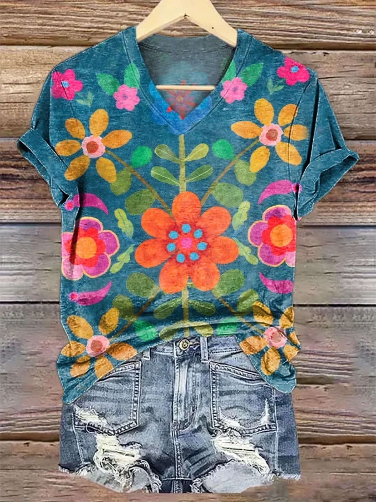 Damen Geblümt Kurzarm T-Shirts T-Shirt V-Ausschnitt Lässig Sommer Oberteile