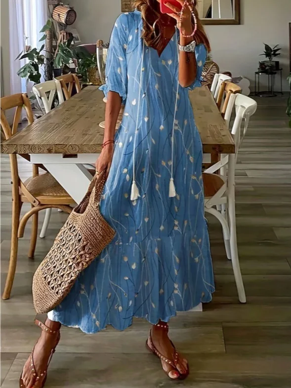 Damen Geometrisch Halbarm Sommer Kleid V-Ausschnitt Täglich Lässig Maxikleid Blusenkleid A-Linien-Kleid