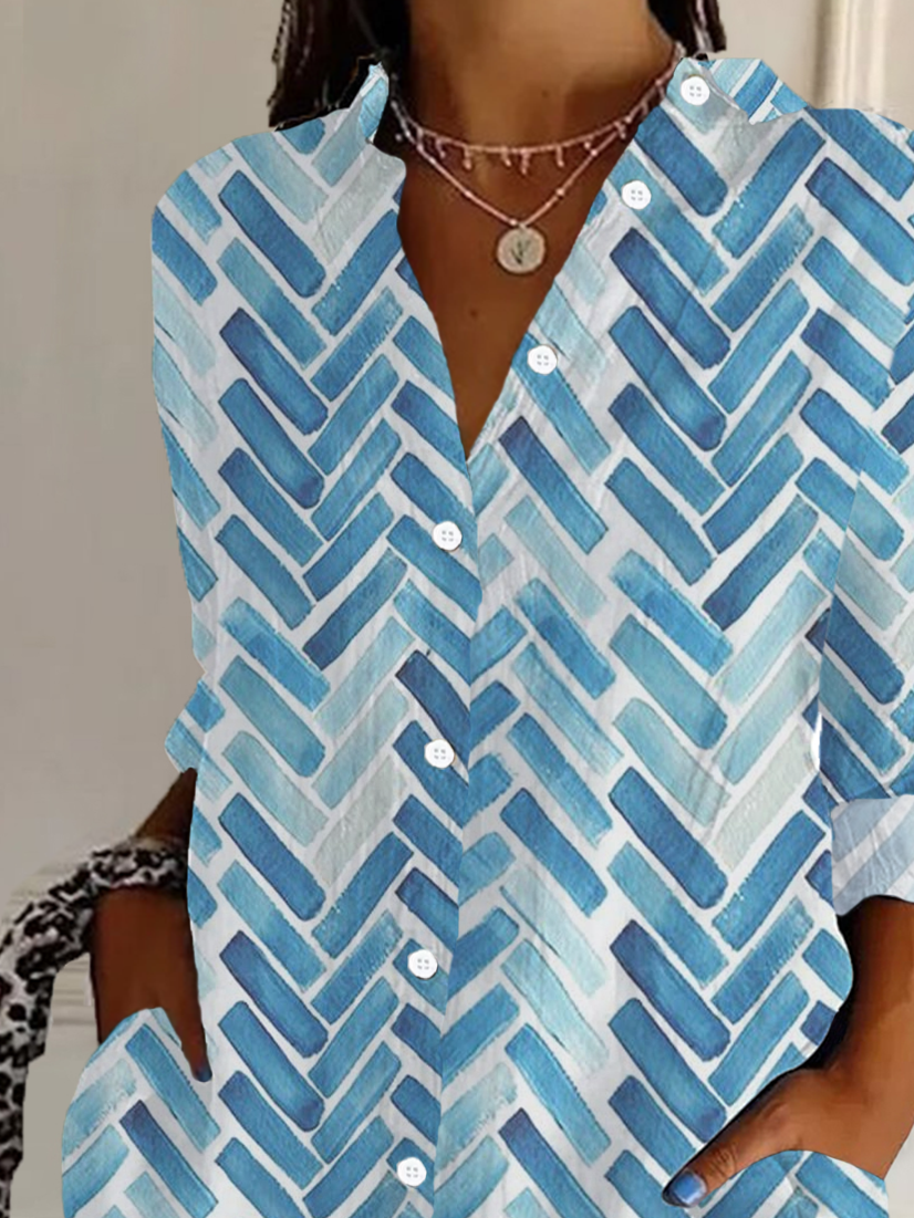 Damen Geometrisch Langarm Bluse Frühling/Herbst Schnalle Hemdkragen Täglich Lässig Oberteile