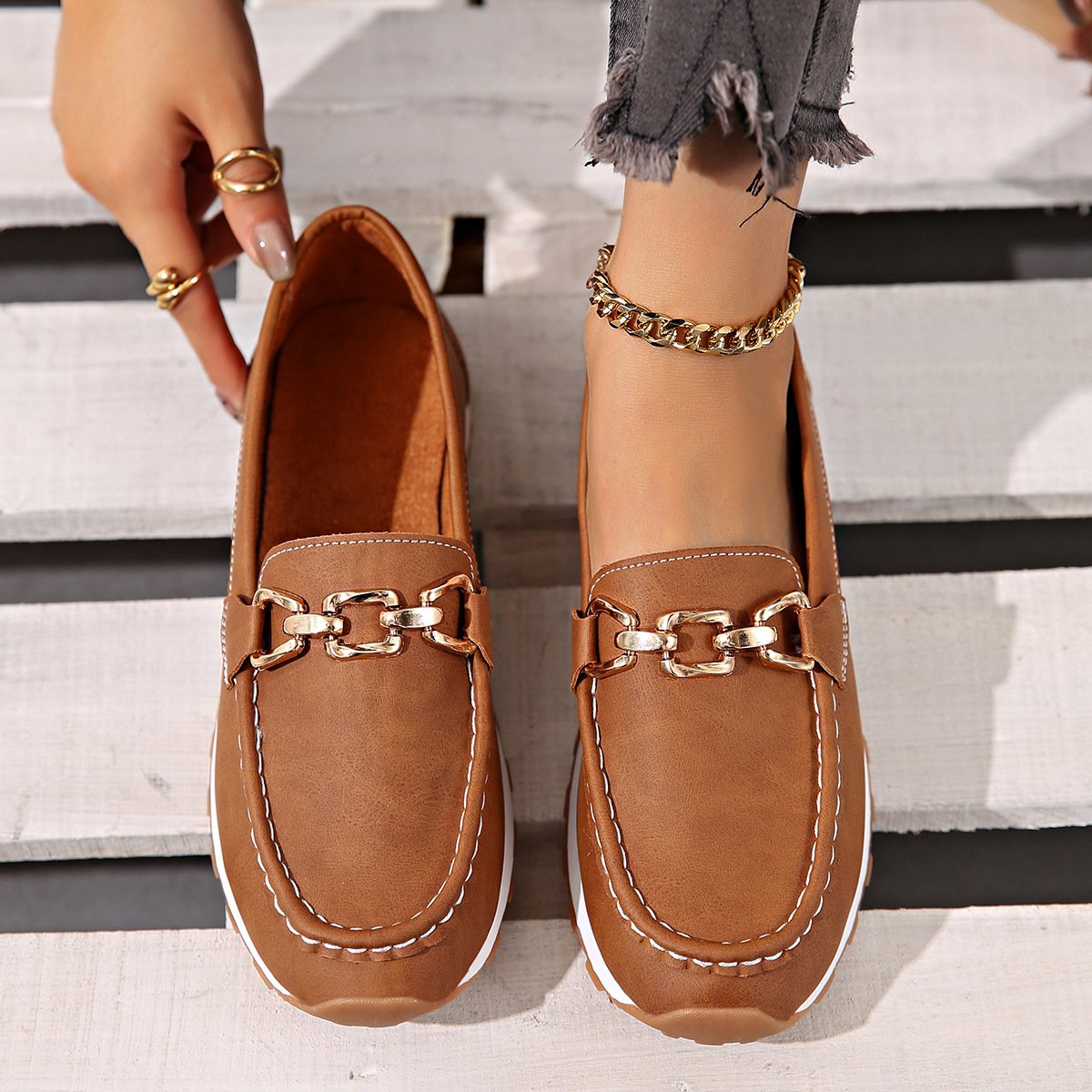 Damen Neuer Stil Metallkette Flach Dick Sohle Lässig Halbschuhe Flach Schuhe
