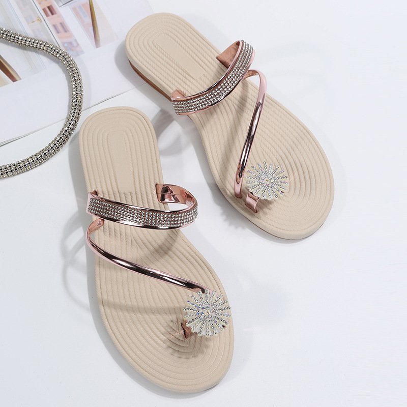 Große Größen Damen Schuhspitze Pantolette Sommer Neu europäisch und amerikanisch Damen Strand Pantolette Strass Blume Flach Pantoletten