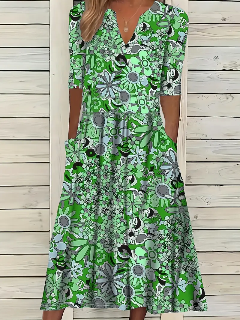 Damen Geblümt Kurzarm Sommer Print Kleid V-Ausschnitt Täglich Lässig Maxikleid Passen & Flare Kleid H-Linie Kleid