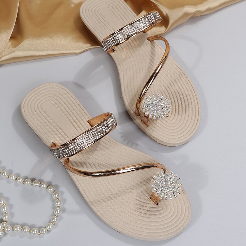 Große Größen Damen Schuhspitze Pantolette Sommer Neu europäisch und amerikanisch Damen Strand Pantolette Strass Blume Flach Pantoletten