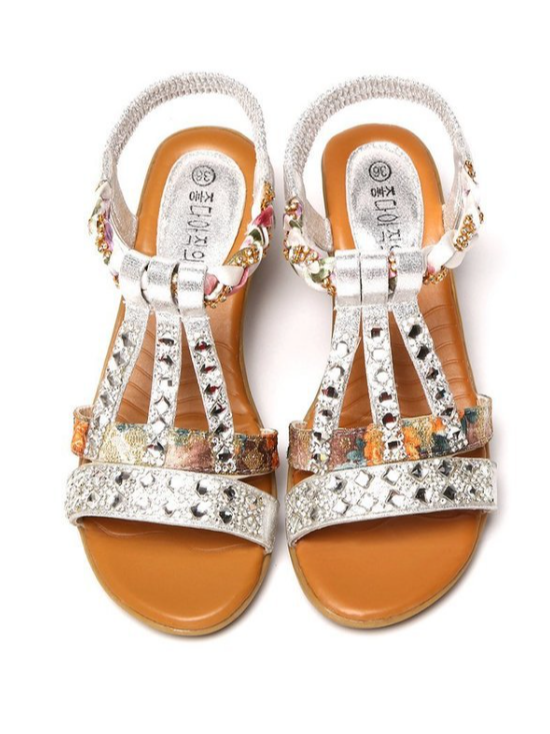 Sommer Neu Ethnisch Stil Fisch Mund Fuß Gummiband Keilabsatz Fashion Freizeit Große Größen Damen Gummiband römisch Strass Pantolette