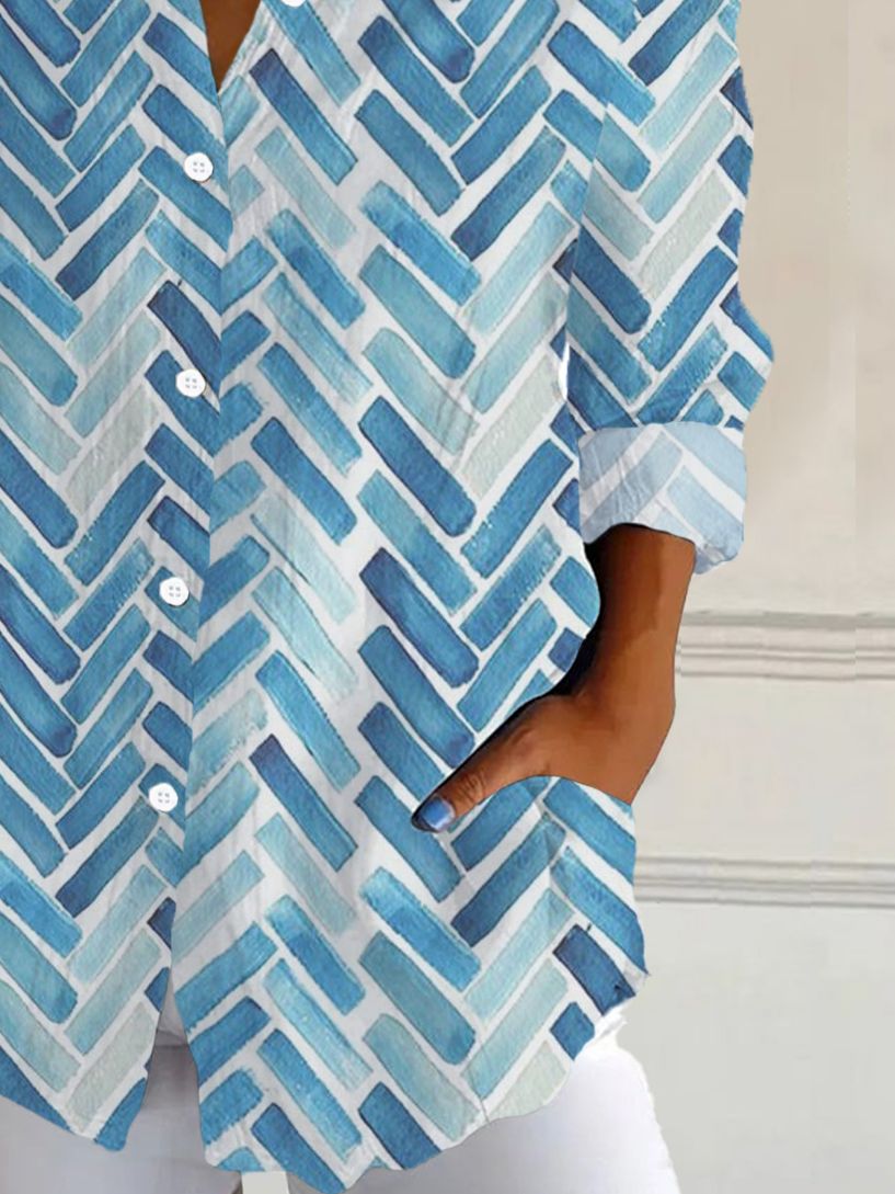 Damen Geometrisch Langarm Bluse Frühling/Herbst Schnalle Hemdkragen Täglich Lässig Oberteile