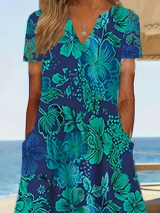 Damen Geblümt Kurzarm Sommer Print Kleid V-Ausschnitt Täglich Lässig Maxikleid Passen & Flare Kleid H-Linie Kleid