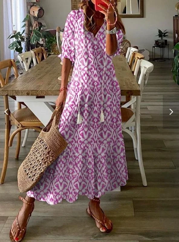 Damen Geometrisch Halbarm Sommer Kleid V-Ausschnitt Täglich Lässig Maxikleid Blusenkleid A-Linien-Kleid