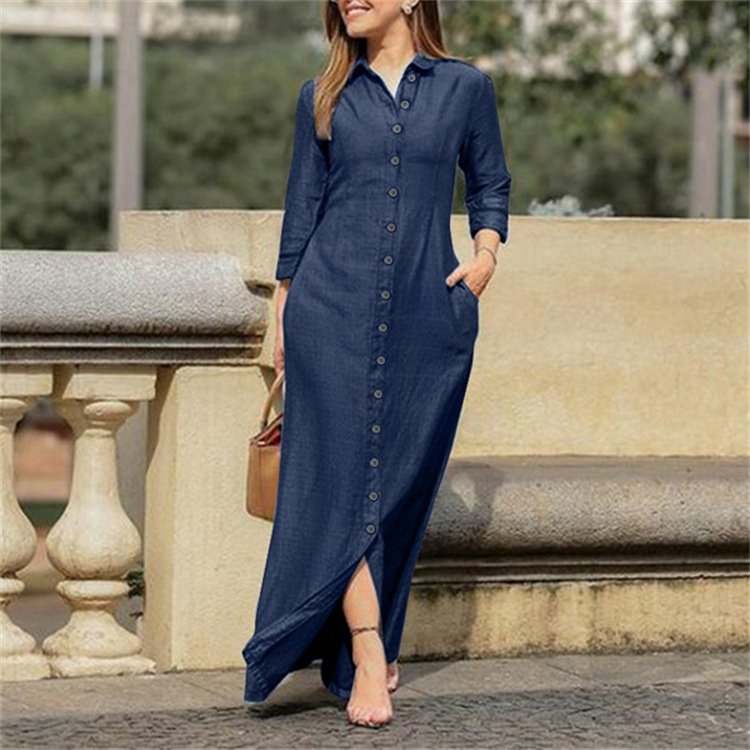 Damen Unifarben Langarm Frühling/Herbst Kleid Stehkragen Täglich Lässig Maxikleid Blusenkleid H-Linie Kleid