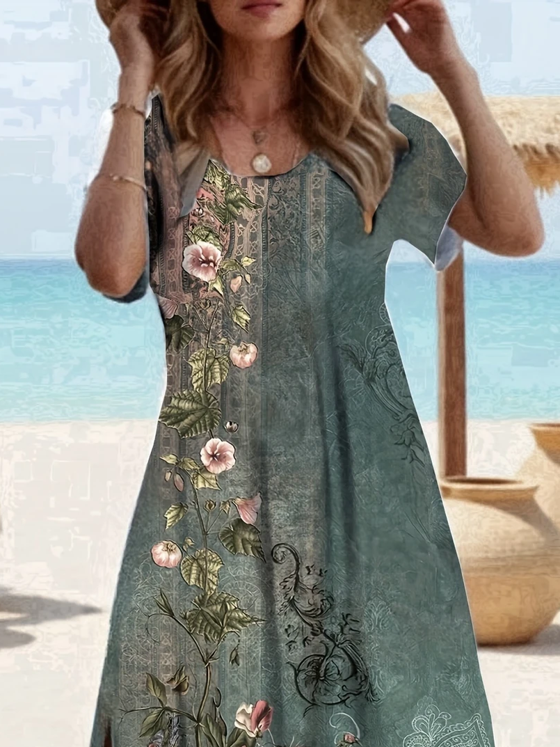 Damen Geblümt Kurzarm Sommer Print Kleid Rundhals Täglich Lässig Maxikleid Passen & Flare Kleid A-Linien-Kleid