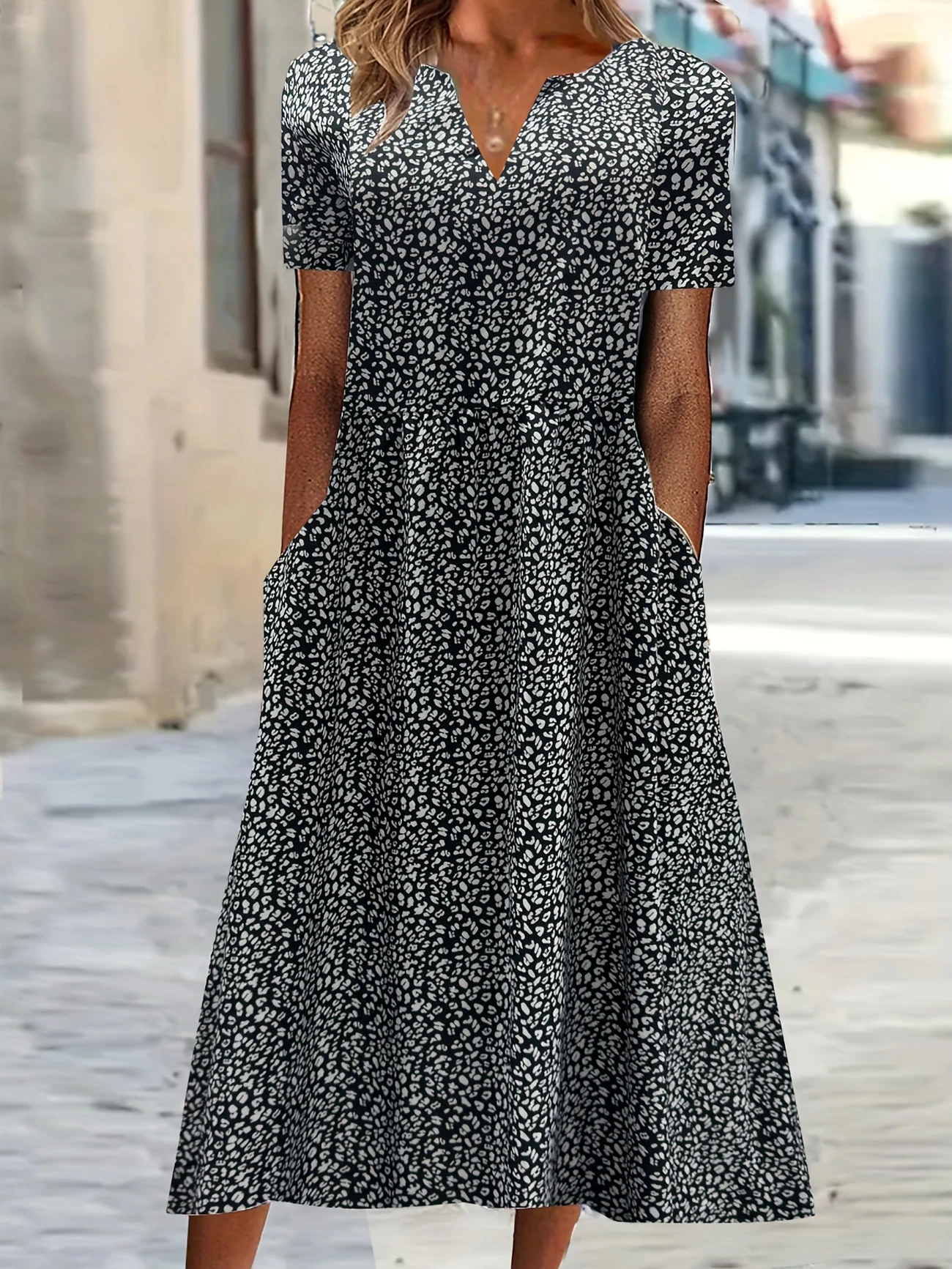 Damen Leopard Kurzarm Sommer Print Kleid V-Ausschnitt Täglich Lässig Maxikleid Passen & Flare Kleid H-Linie Kleid