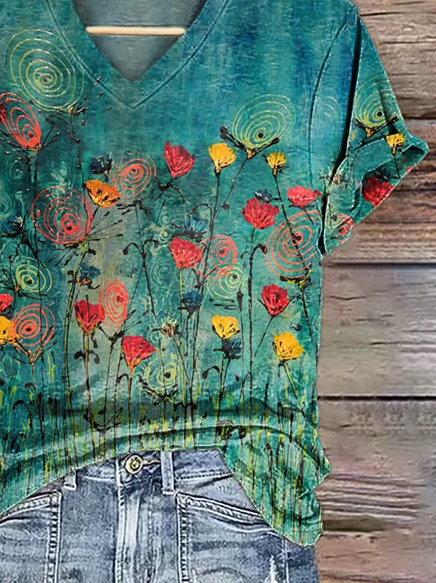 Damen Geblümt Kurzarm T-Shirts T-Shirt V-Ausschnitt Print Lässig Sommer T-Shirt mit Grafik Oberteile