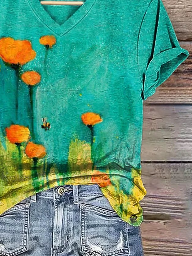 Damen Geblümt Kurzarm T-Shirts T-Shirt V-Ausschnitt Print Lässig Sommer T-Shirt mit Grafik Oberteile