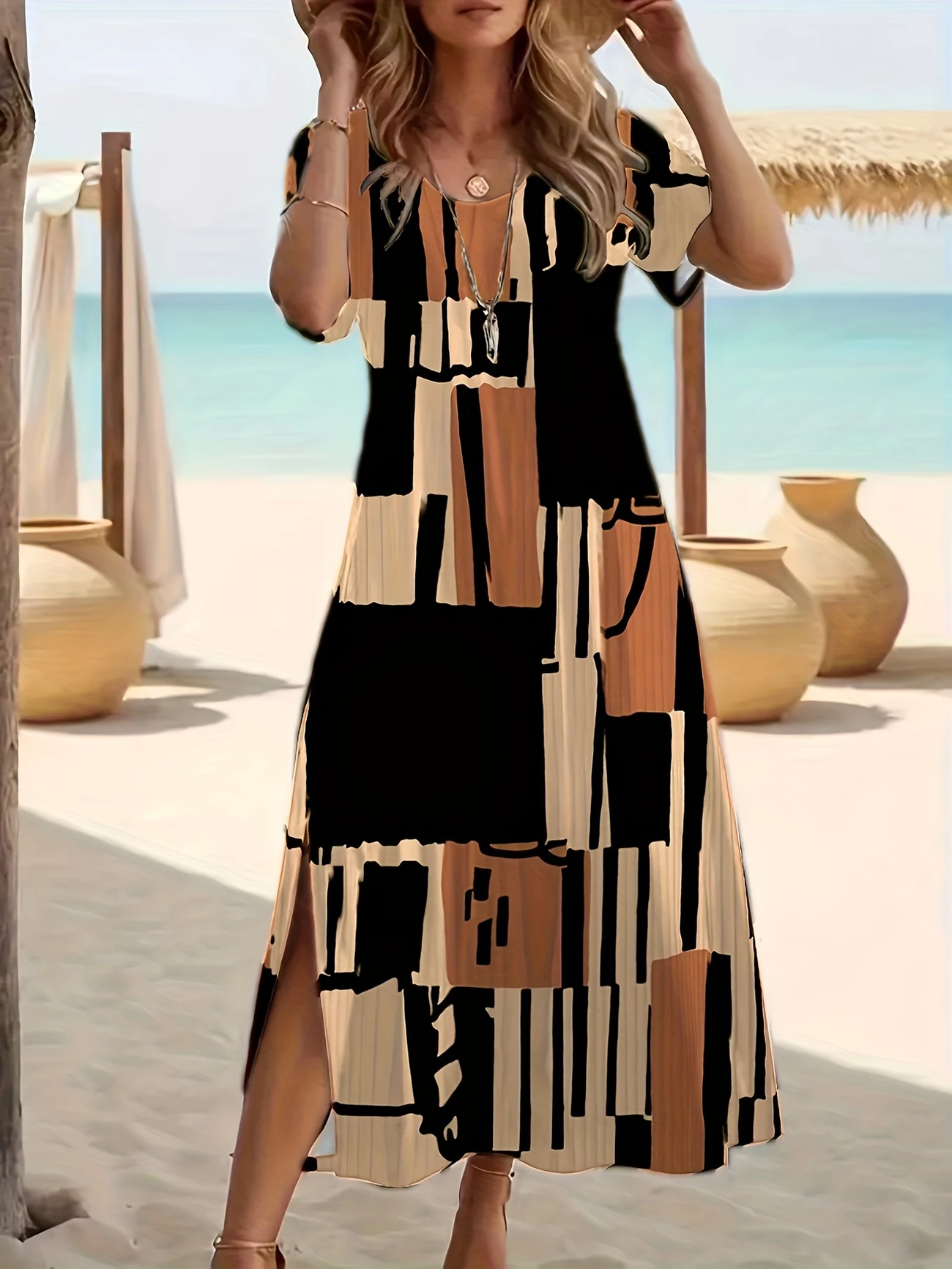 Damen Geometrisch Kurzarm Sommer Print Kleid Rundhals Täglich Lässig Maxikleid Passen & Flare Kleid A-Linien-Kleid
