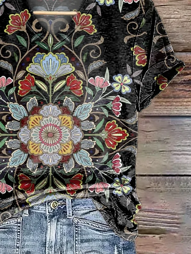 Damen Geblümt Kurzarm T-Shirts T-Shirt V-Ausschnitt Lässig Sommer T-Shirt mit Grafik Oberteile