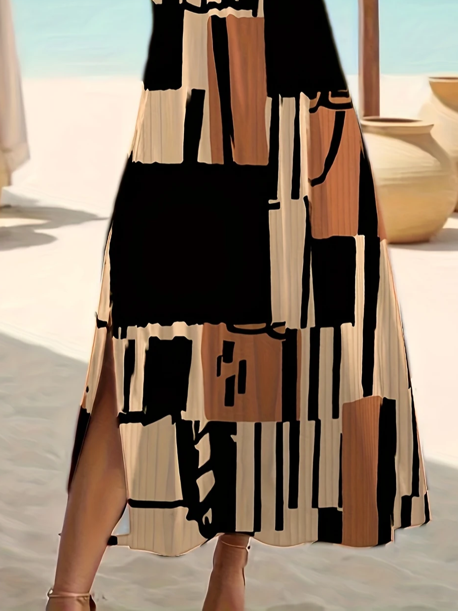 Damen Geometrisch Kurzarm Sommer Print Kleid Rundhals Täglich Lässig Maxikleid Passen & Flare Kleid A-Linien-Kleid