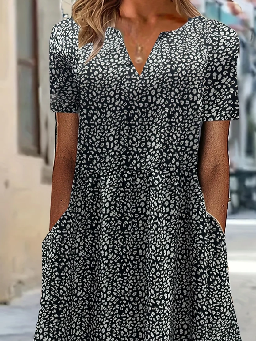 Damen Leopard Kurzarm Sommer Print Kleid V-Ausschnitt Täglich Lässig Maxikleid Passen & Flare Kleid H-Linie Kleid
