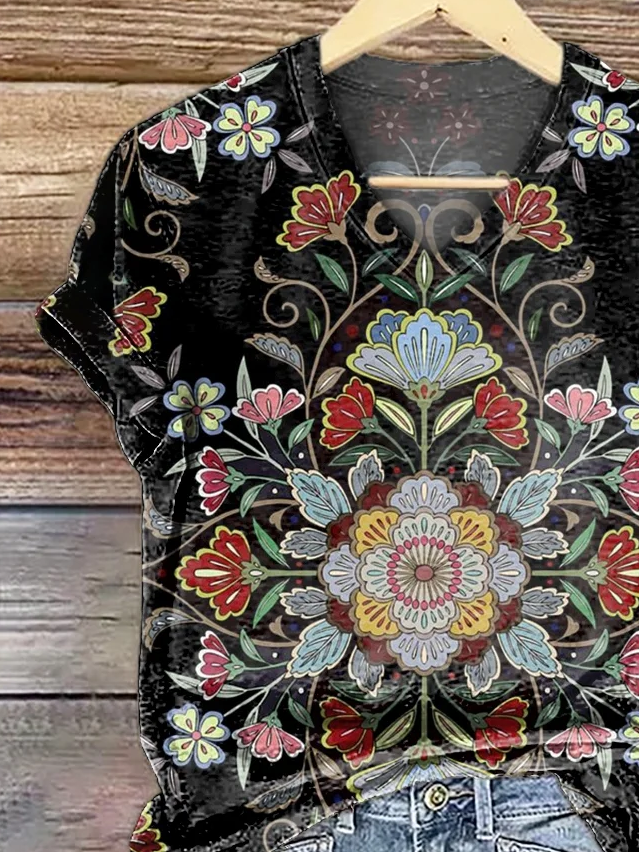 Damen Geblümt Kurzarm T-Shirts T-Shirt V-Ausschnitt Lässig Sommer T-Shirt mit Grafik Oberteile