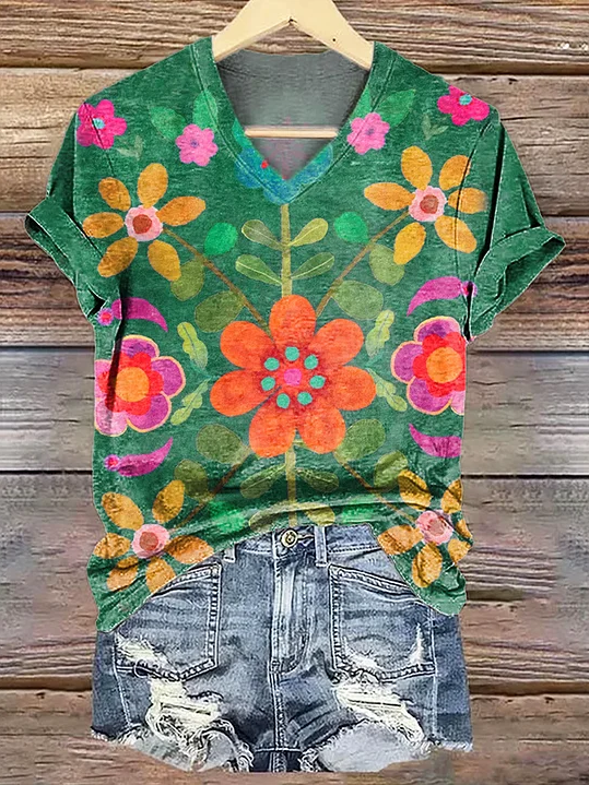 Damen Geblümt Kurzarm T-Shirts T-Shirt V-Ausschnitt Print Lässig Sommer T-Shirt mit Grafik Oberteile
