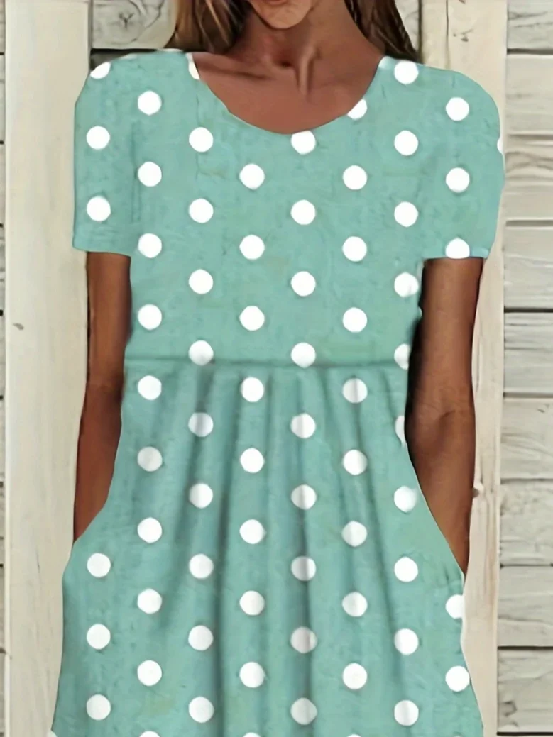 Damen Polka Dots Kurzarm Sommer Print Kleid Rundhals Täglich Lässig Maxikleid Etuikleid H-Linie Kleid
