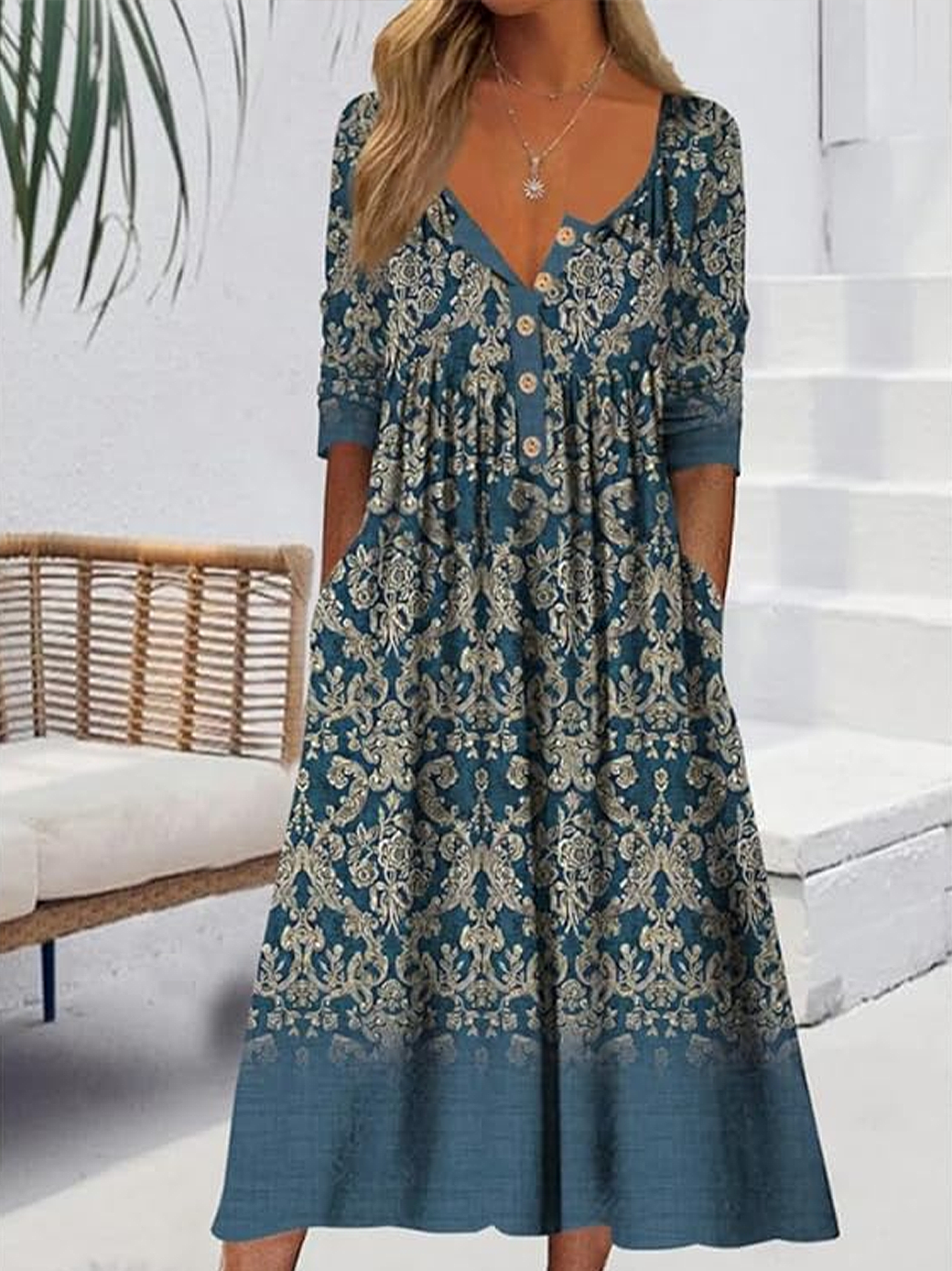 Damen Geblümt Halbarm Sommer Print Kleid Halb offener Kragen Täglich Lässig Maxikleid A-Linien-Kleid