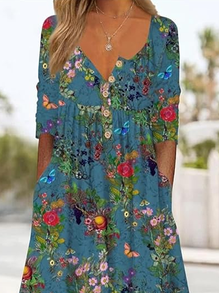 Damen Geblümt Halbarm Sommer Print Kleid Halb offener Kragen Täglich Lässig Maxikleid A-Linien-Kleid