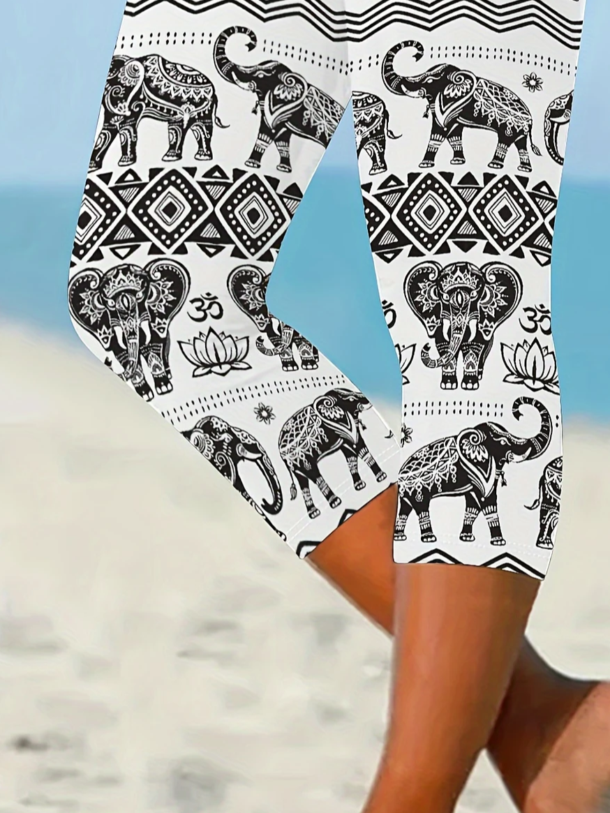 Damen Elefant Caprihosen Elastische Taille Hose Lässig Sommer Hose