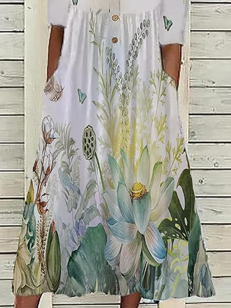 Damen Geblümt Halbarm Sommer Print Kleid Halb offener Kragen Täglich Lässig Maxikleid A-Linien-Kleid
