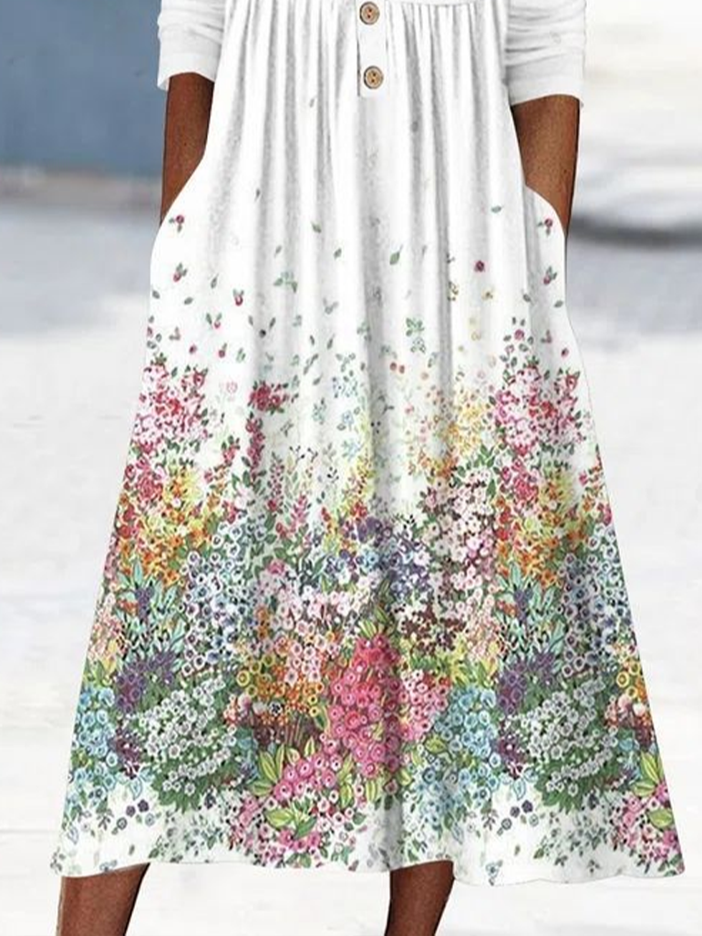 Damen Geblümt Halbarm Sommer Print Kleid Halb offener Kragen Täglich Lässig Maxikleid A-Linien-Kleid