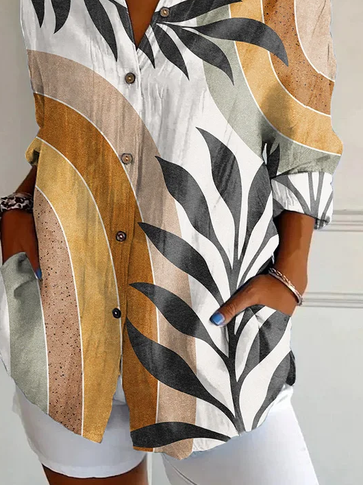 Damen Geometrisch Langarm Bluse Frühling/Herbst Schnalle Hemdkragen Täglich Lässig Oberteile