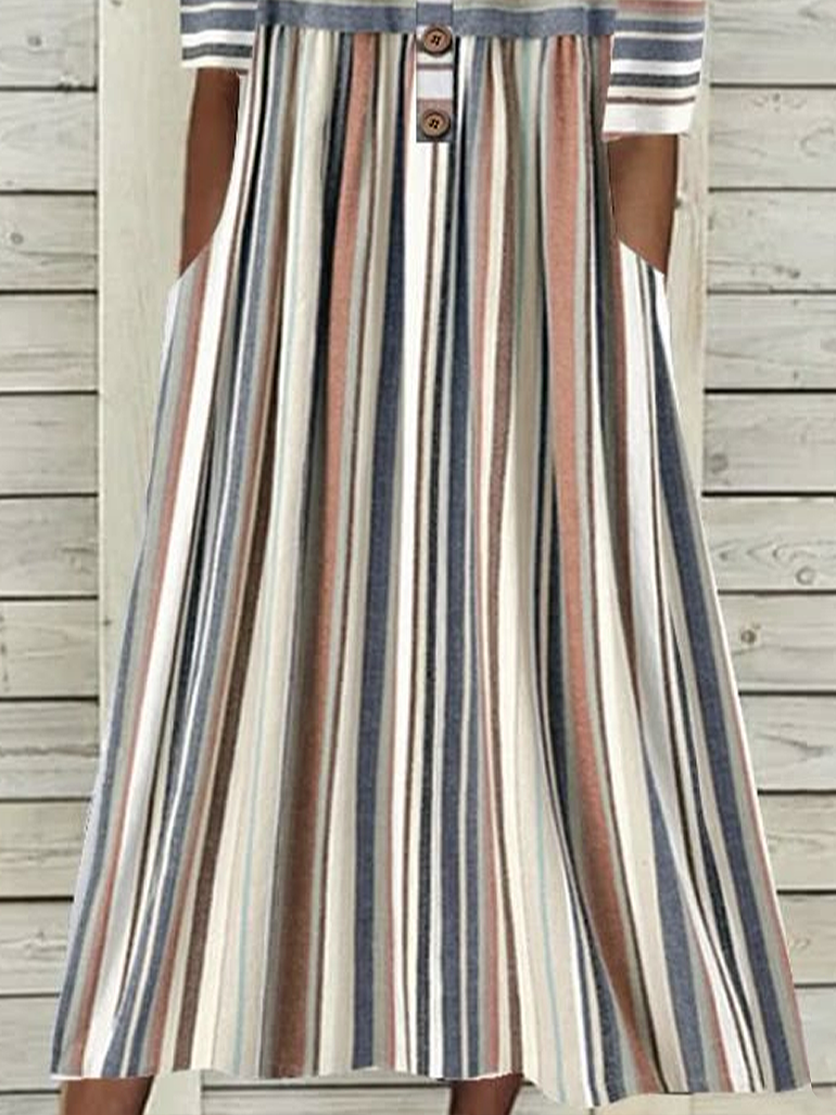Damen Gestreift Halbarm Sommer Print Kleid Halb offener Kragen Täglich Lässig Maxikleid A-Linien-Kleid